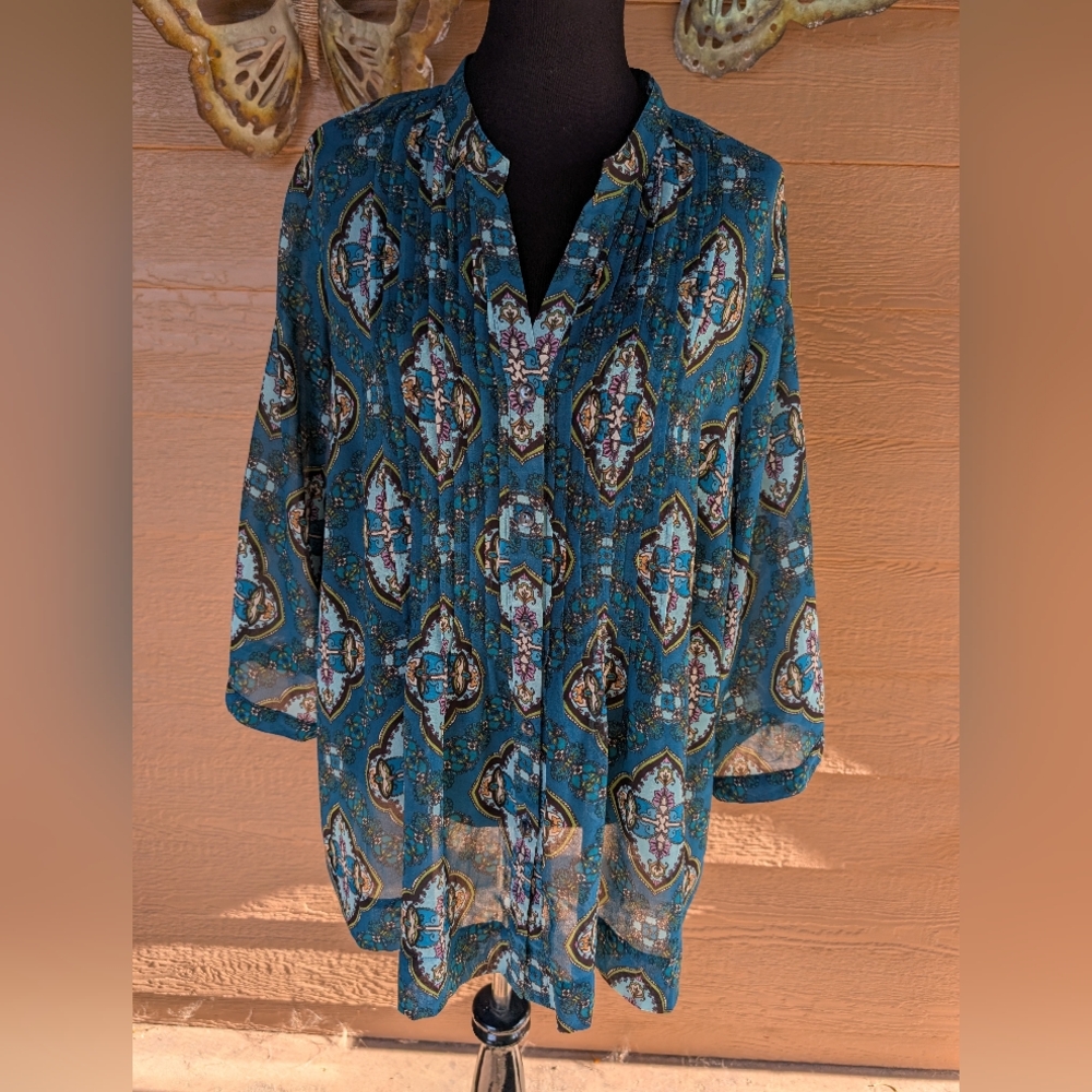 Charter Club Blue Pleated Blouse with Mandarin Collar